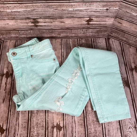WET SEAL Women's Size Small Aqua Distressed Jegging Denim Jeans Skinny - Picture 3 of 6